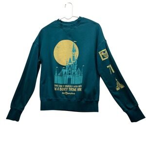 Disney World Castle Sweatshirt Teal Yellow Graphic Crewneck Pullover Size M